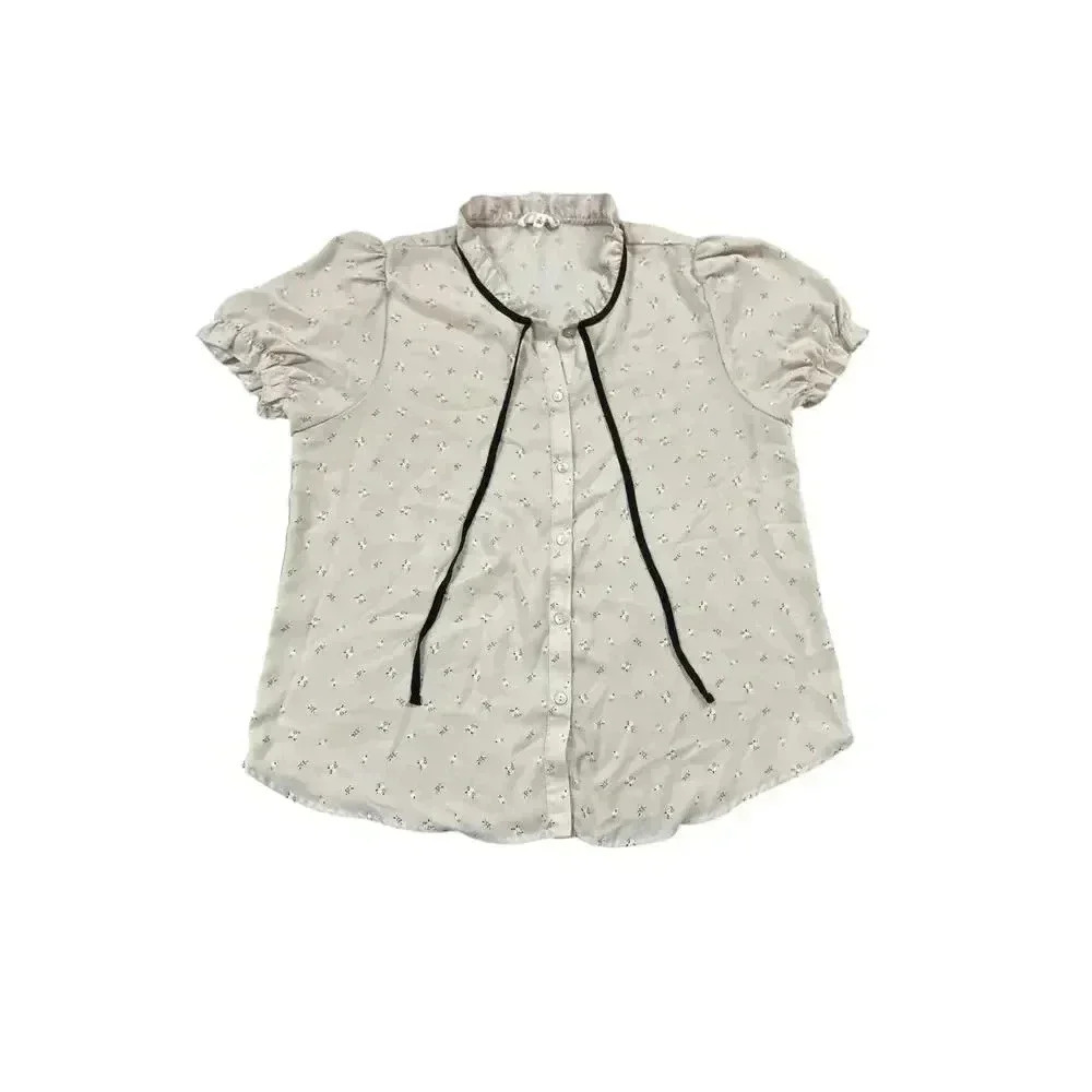 Daisy May Women's XL Beige Floral Puff Sleeve Blouse Tie Neck
